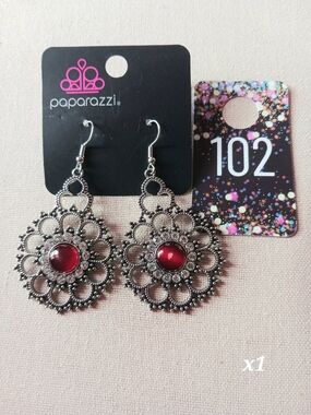 paparazzi Silver Filigree Drop Earrings with Red Cabochon